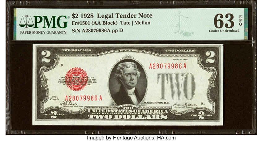 image for: Fr. 1501 $2 1928 Legal Tender Note. PMG Choice Uncirculated 63 EPQ....