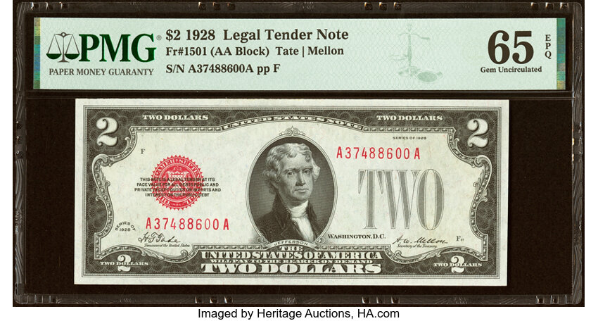 image for: Fr. 1501 $2 1928 Legal Tender Note. PMG Gem Uncirculated 65 EPQ....
