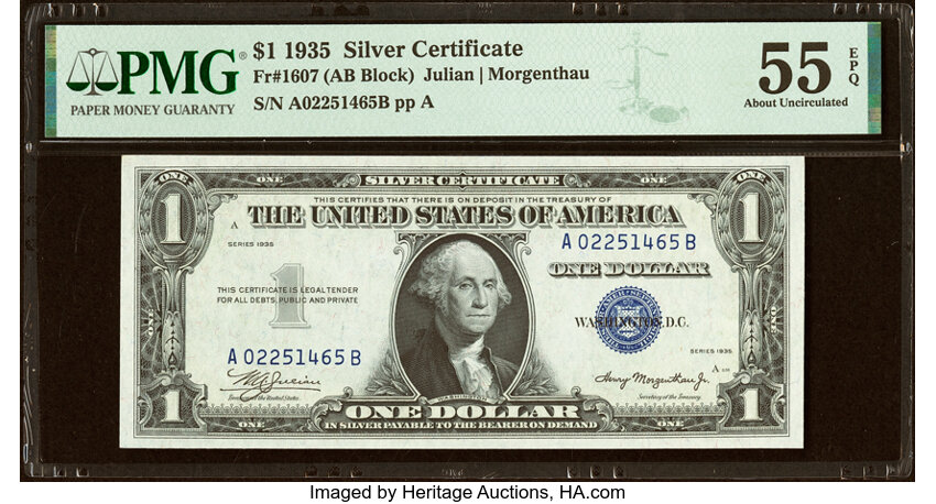 image for: Fr. 1607 $1 1935 Silver Certificate. A-B Experimental. PMG About Uncirculated 55 EPQ....