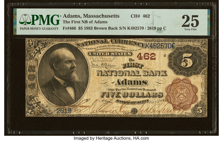 image for: Adams, MA - $5 1882 Brown Back Fr. 466 The First National Bank Ch. # 462 PMG Very Fine 25....
