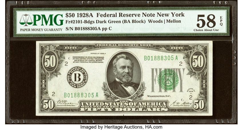 image for: Fr. 2101-B $50 1928A Federal Reserve Note. PMG Choice About Unc 58 EPQ....