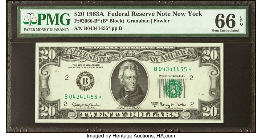 image for: Fr. 2066-B* $20 1963A Federal Reserve Star Note. PMG Gem Uncirculated 66 EPQ....