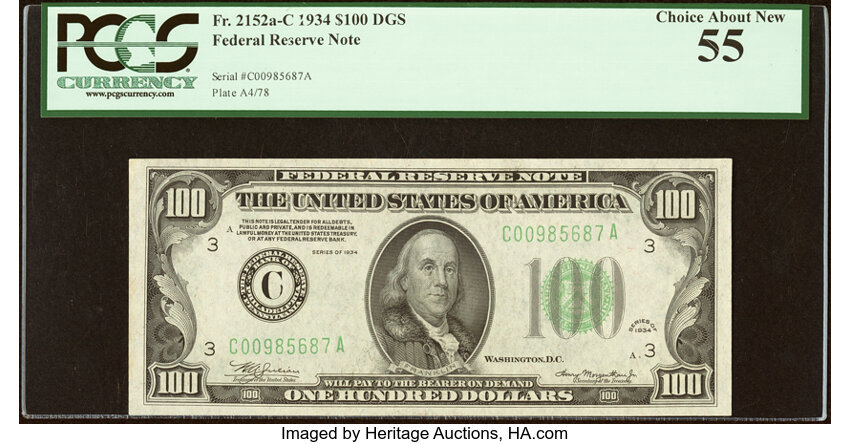 image for: Fr. 2152-C $100 1934 Federal Reserve Note. PCGS Choice About New 55....