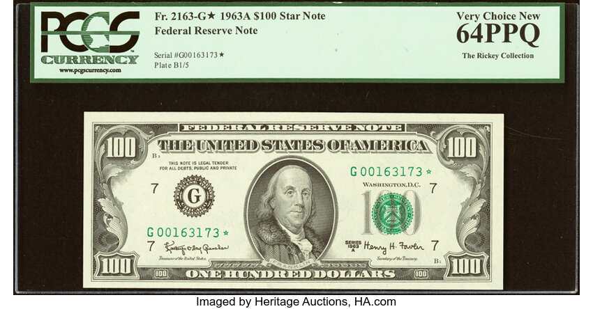 image for: Fr. 2163-G* $100 1963A Federal Reserve Star Note. PCGS Very Choice New 64PPQ....