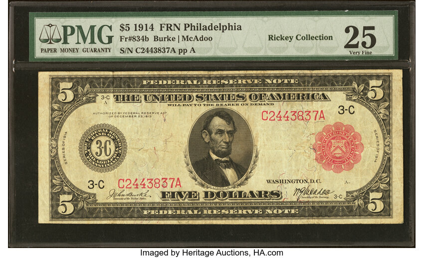 image for: Fr. 834b $5 1914 Red Seal Federal Reserve Note PMG Very Fine 25....