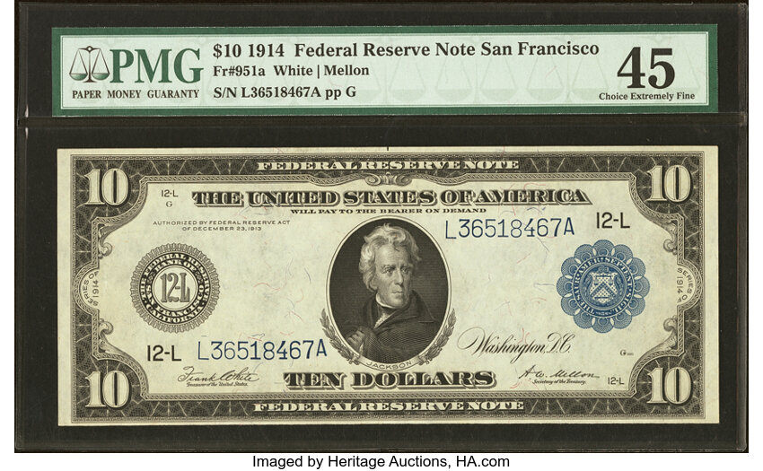 image for: Fr. 951a $10 1914 Federal Reserve Note PMG Choice Extremely Fine 45....