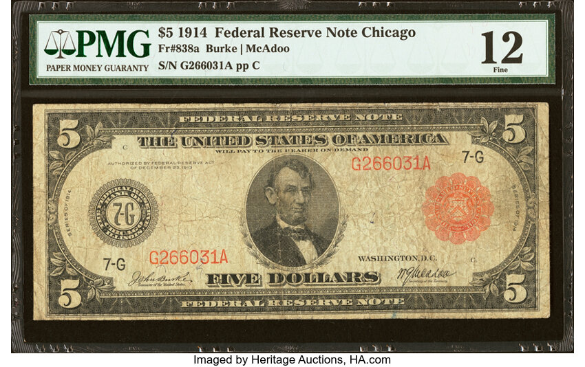 image for: Fr. 838a $5 1914 Red Seal Federal Reserve Note PMG Fine 12....