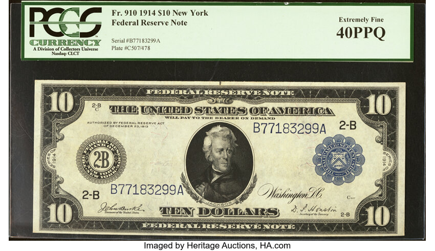 image for: Fr. 910 $10 1914 Federal Reserve Note PCGS Extremely Fine 40PPQ....
