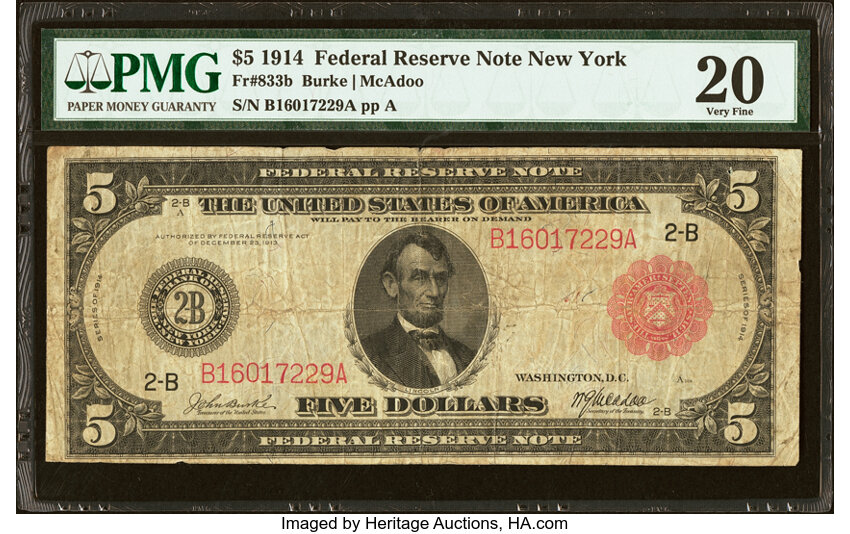image for: Fr. 833b $5 1914 Red Seal Federal Reserve Note PMG Very Fine 20....