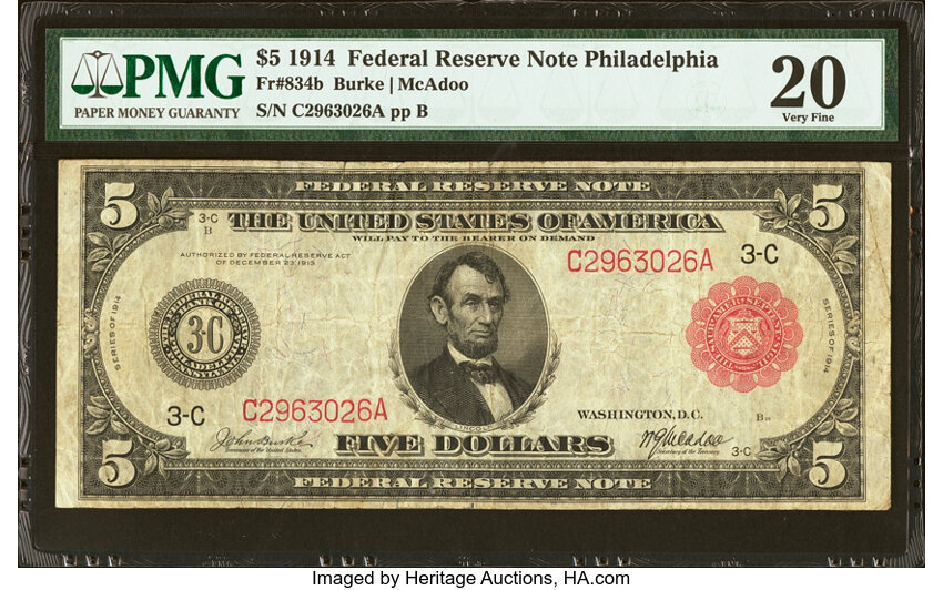 image for: Fr. 834b $5 1914 Red Seal Federal Reserve Note PMG Very Fine 20....