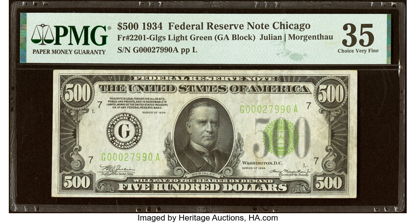 image for: Fr. 2201-G $500 1934 Light Green Seal Federal Reserve Note. PMG Choice Very Fine 35....