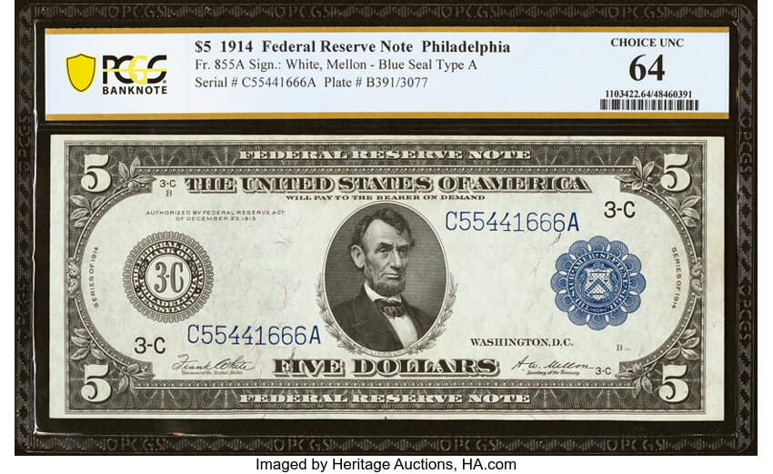 image for: Fr. 855a $5 1914 Federal Reserve Note PCGS Banknote Choice Unc 64....