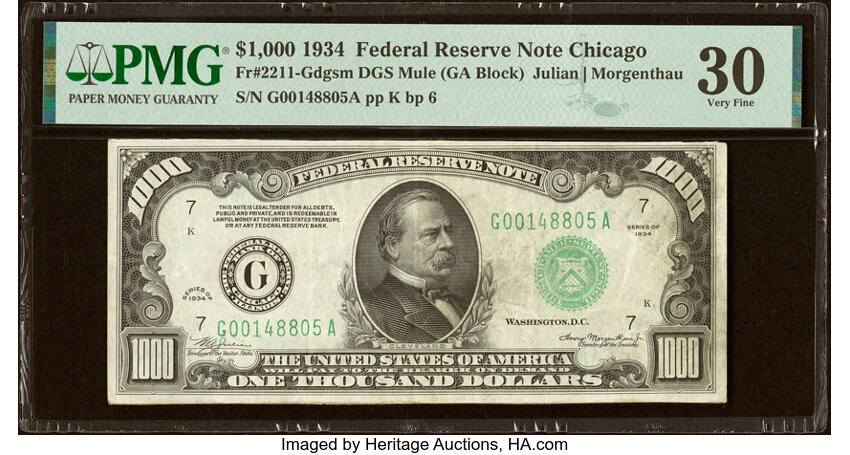 image for: Fr. 2211-G $1,000 1934 Federal Reserve Note. PMG Very Fine 30....