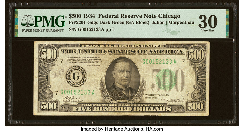 image for: Fr. 2201-G $500 1934 Federal Reserve Note. PMG Very Fine 30....