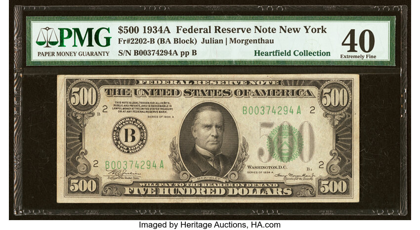 image for: Fr. 2202-B $500 1934A Federal Reserve Note. PMG Extremely Fine 40....