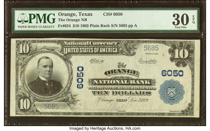 image for: Orange, TX - $10 1902 Plain Back Fr. 634 The Orange National Bank Ch. # 6050 PMG Very Fine 30 EPQ....