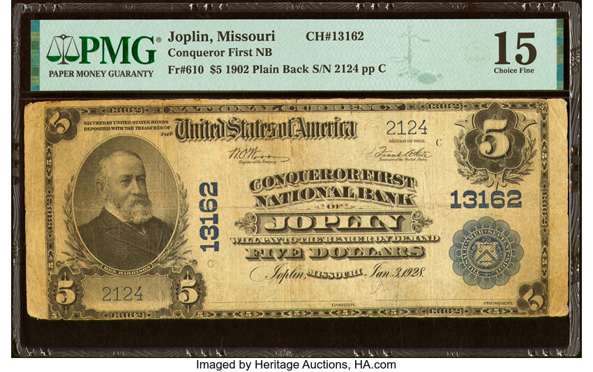 image for: Joplin, MO - $5 1902 Plain Back Fr. 610 Conqueror First National Bank Ch. # 13162 PMG Choice Fine 15....