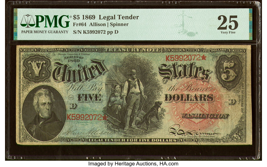 image for: Fr. 64 $5 1869 Legal Tender PMG Very Fine 25....