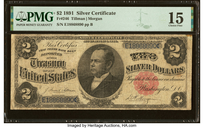 image for: Fr. 246 $2 1891 Silver Certificate PMG Choice Fine 15....