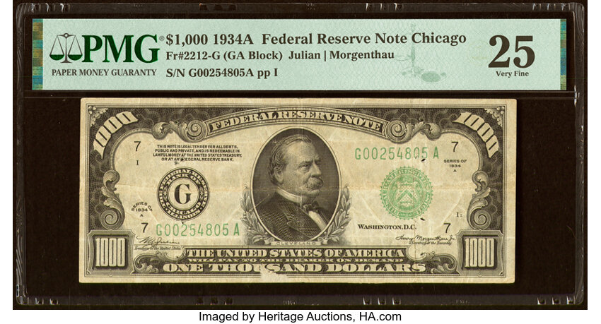 image for: Fr. 2212-G $1,000 1934A Federal Reserve Note. PMG Very Fine 25....