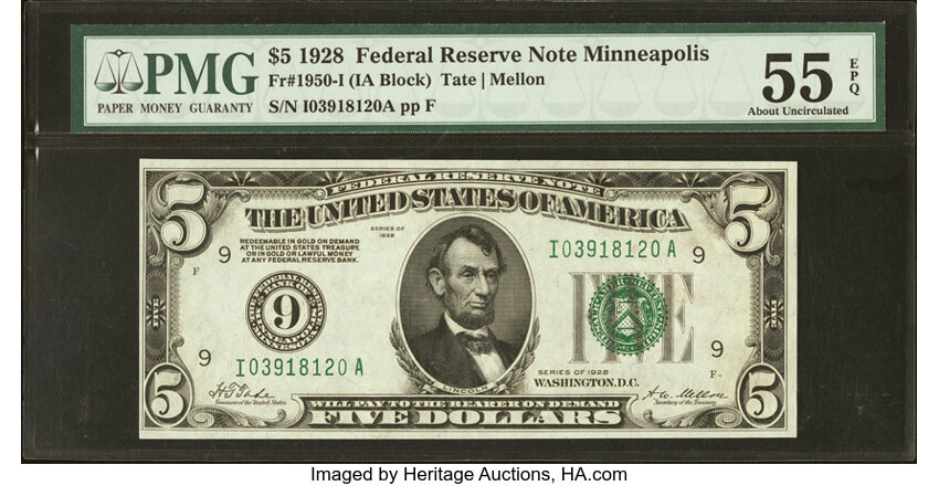image for: Fr. 1950-I $5 1928 Federal Reserve Note. PMG About Uncirculated 55 EPQ....