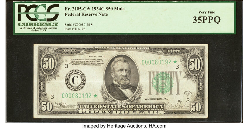 image for: Fr. 2105-C* $50 1934C Mule Federal Reserve Star Note. PCGS Very Fine 35PPQ....