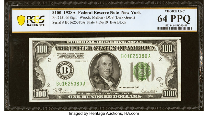 image for: Fr. 2151-B $100 1928A Federal Reserve Note. PCGS Banknote Choice Unc 64 PPQ....