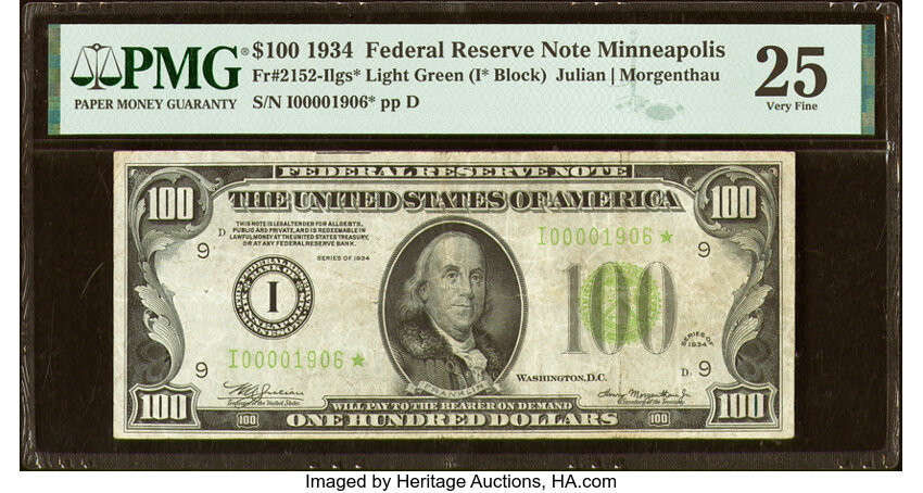 image for: Fr. 2152-I* $100 1934 Light Green Seal Federal Reserve Star Note. PMG Very Fine 25....