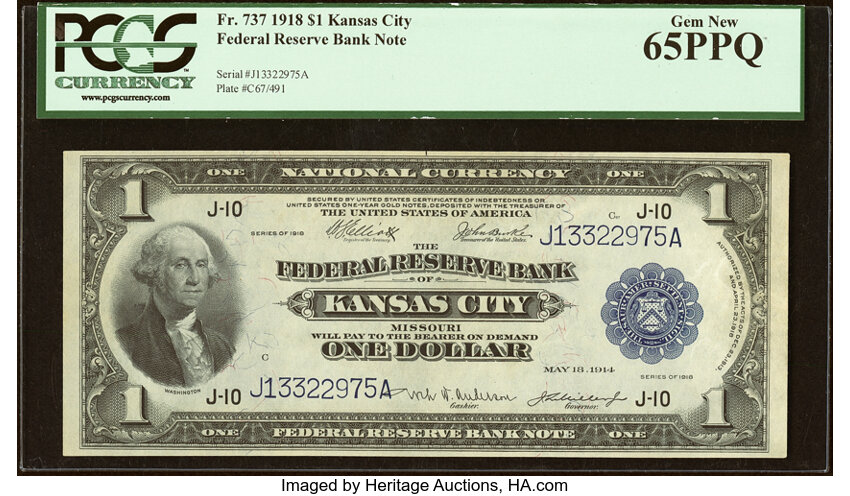 image for: Fr. 737 $1 1918 Federal Reserve Bank Note PCGS Gem New 65PPQ....