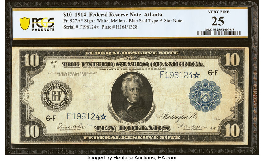 image for: Fr. 927a* $10 1914 Federal Reserve Star Note PCGS Banknote Very Fine 25....