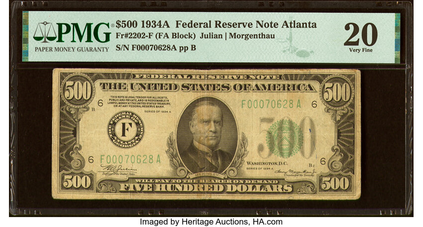 image for: Fr. 2202-F $500 1934A Federal Reserve Note. PMG Very Fine 20....