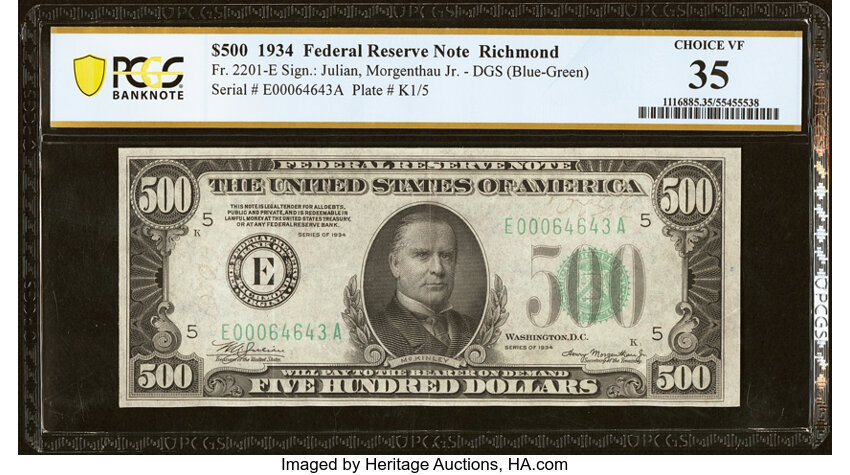 image for: Fr. 2201-E $500 1934 Federal Reserve Note. PCGS Banknote Choice VF 35....