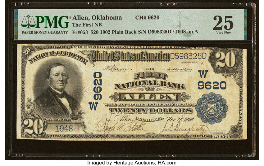 image for: Allen, OK - $20 1902 Plain Back Fr. 653 The First National Bank Ch. # (W)9620 PMG Very Fine 25....