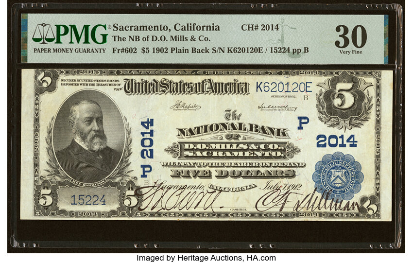 image for: Sacramento, CA - $5 1902 Plain Back Fr. 602 The National Bank of D O Mills & Co. Ch. # (P)2014 PMG Very Fine 30....