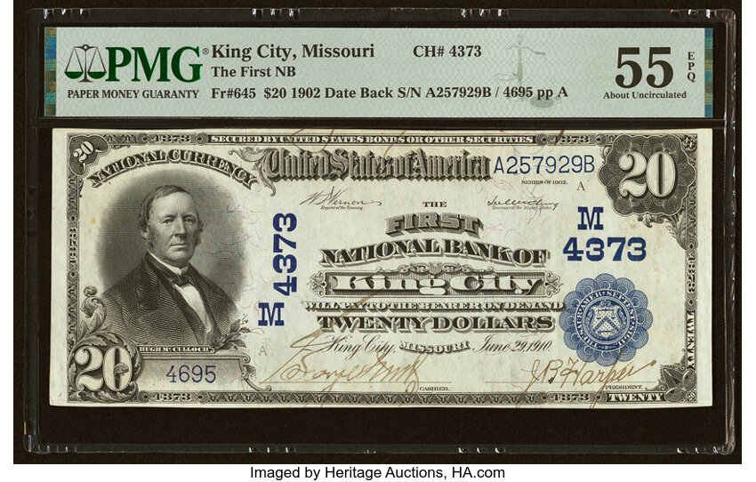 image for: King City, MO - $20 1902 Date Back Fr. 645 The First National Bank Ch. # (M)4373 PMG About Uncirculated 55 EPQ....