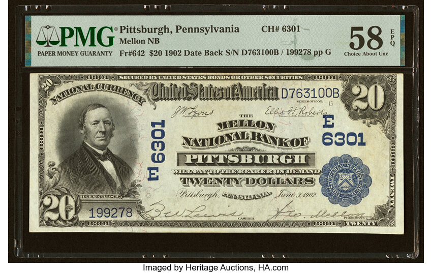 image for: Pittsburgh, PA - $20 1902 Date Back Fr. 642 The Mellon National Bank Ch. # (E)6301 PMG Choice About Unc 58 EPQ....