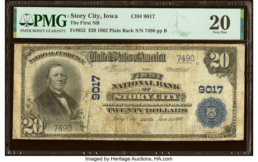 image for: Story City, IA - $20 1902 Plain Back Fr. 652 The First National Bank Ch. # 9017 PMG Very Fine 20....