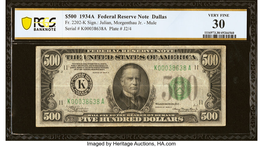 image for: Fr. 2202-K $500 1934A Federal Reserve Note. PCGS Banknote Very Fine 30....