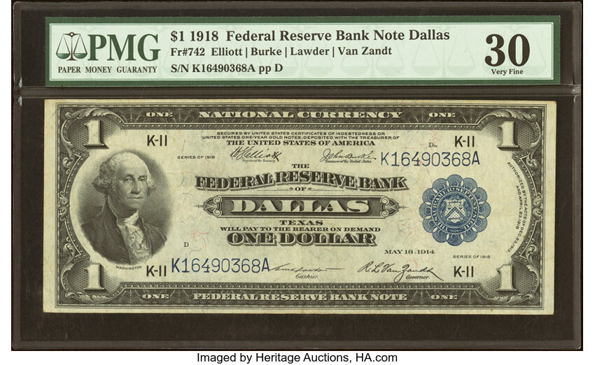 image for: Fr. 742 $1 1918 Federal Reserve Bank Note PMG Very Fine 30....