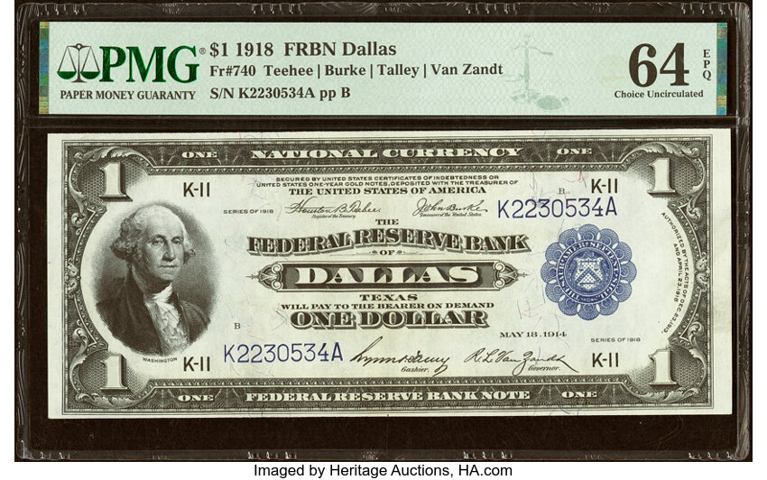 image for: Fr. 740 $1 1918 Federal Reserve Bank Note PMG Choice Uncirculated 64 EPQ....