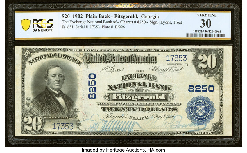 image for: Fitzgerald, GA - $20 1902 Plain Back Fr. 651 The Exchange National Bank Ch. # 8250 PCGS Banknote Very Fine 30....