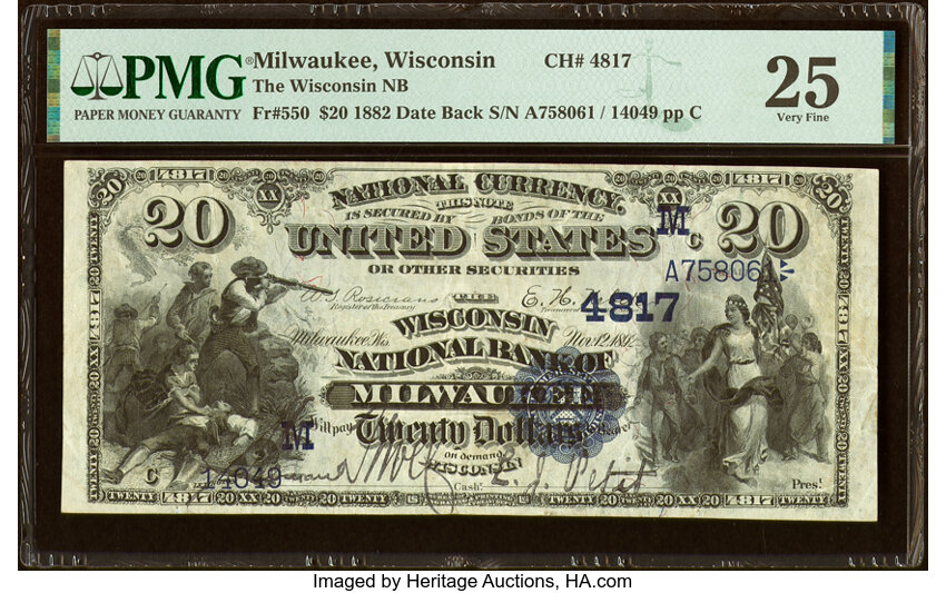 image for: Milwaukee, WI - $20 1882 Date Back Fr. 550 The Wisconsin National Bank Ch. # (M)4817 PMG Very Fine 25....