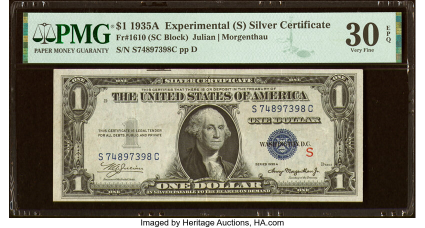 image for: Fr. 1610 $1 1935A S Silver Certificate. PMG Very Fine 30 EPQ....
