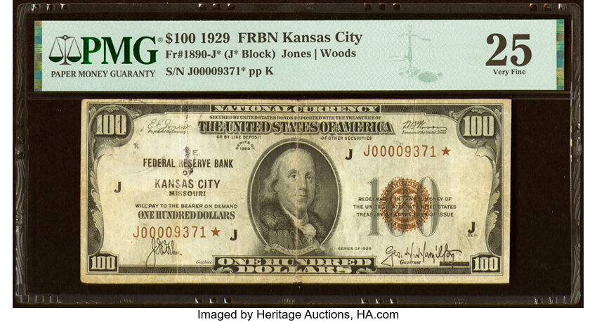 image for: Fr. 1890-J* $100 1929 Federal Reserve Bank Star Note. PMG Very Fine 25....