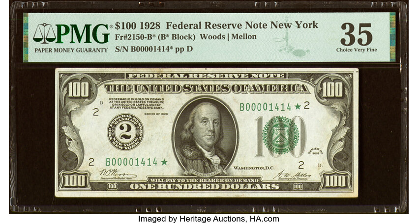 image for: Fr. 2150-B* $100 1928 Federal Reserve Star Note. PMG Choice Very Fine 35....