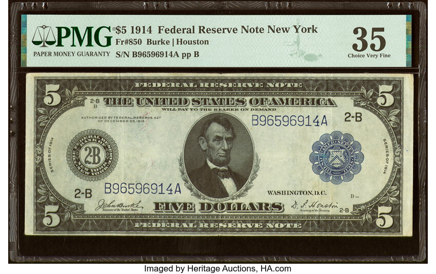image for: Fr. 850 $5 1914 Federal Reserve Note PMG Choice Very Fine 35....