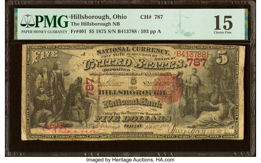 image for: Hillsborough, OH - $5 1875 Fr. 401 The Hillsborough National Bank Ch. # 787 PMG Choice Fine 15....
