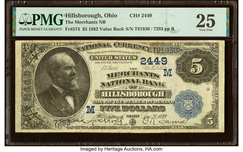 image for: Hillsborough, OH - $5 1882 Value Back Fr. 574 The Merchants National Bank Ch. # (M)2449 PMG Very Fine 25....