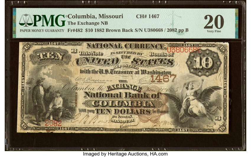 image for: Columbia, MO - $10 1882 Brown Back Fr. 482 The Exchange National Bank Ch. # 1467 PMG Very Fine 20....