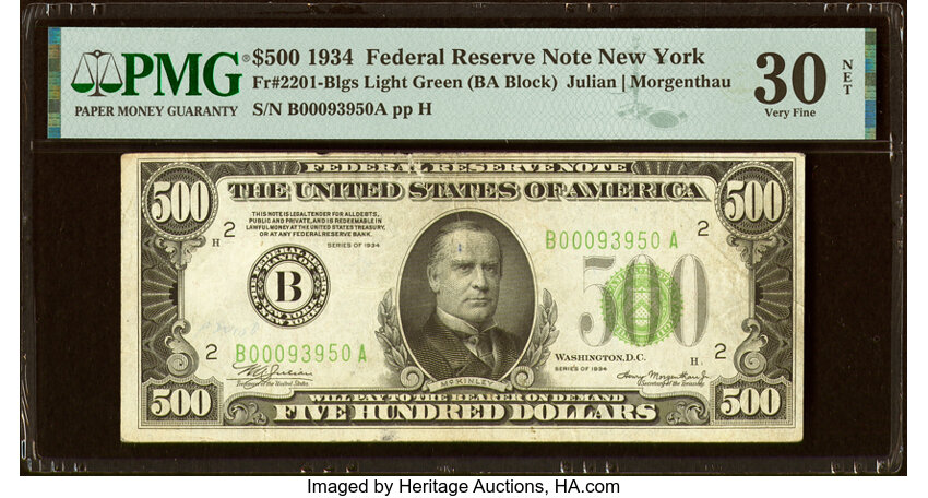 image for: Fr. 2201-B $500 1934 Light Green Seal Federal Reserve Note. PMG Very Fine 30 Net....